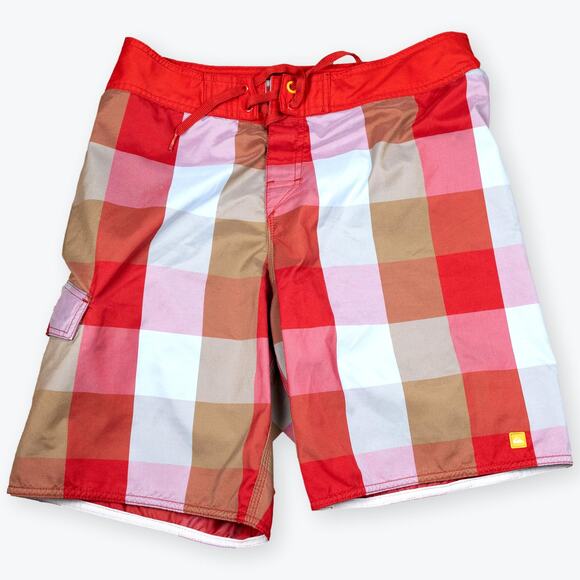 Quicksilver Red Blue Tan Plaid Mens Board Shorts M - Picture 1 of 5